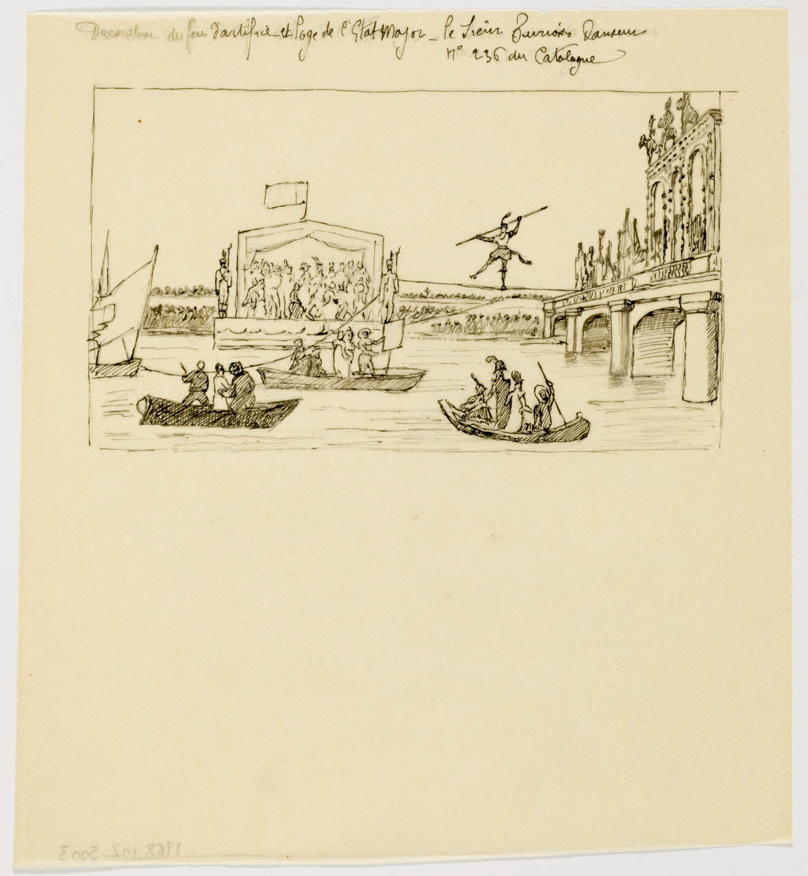 partie d'un ensemble de dessins Décoration du feu d'artifice et loge de l'Etat Major - Le sieur Furioso Danseur  n° 236 du catalogue 1968.102.5003 Photo Mucem