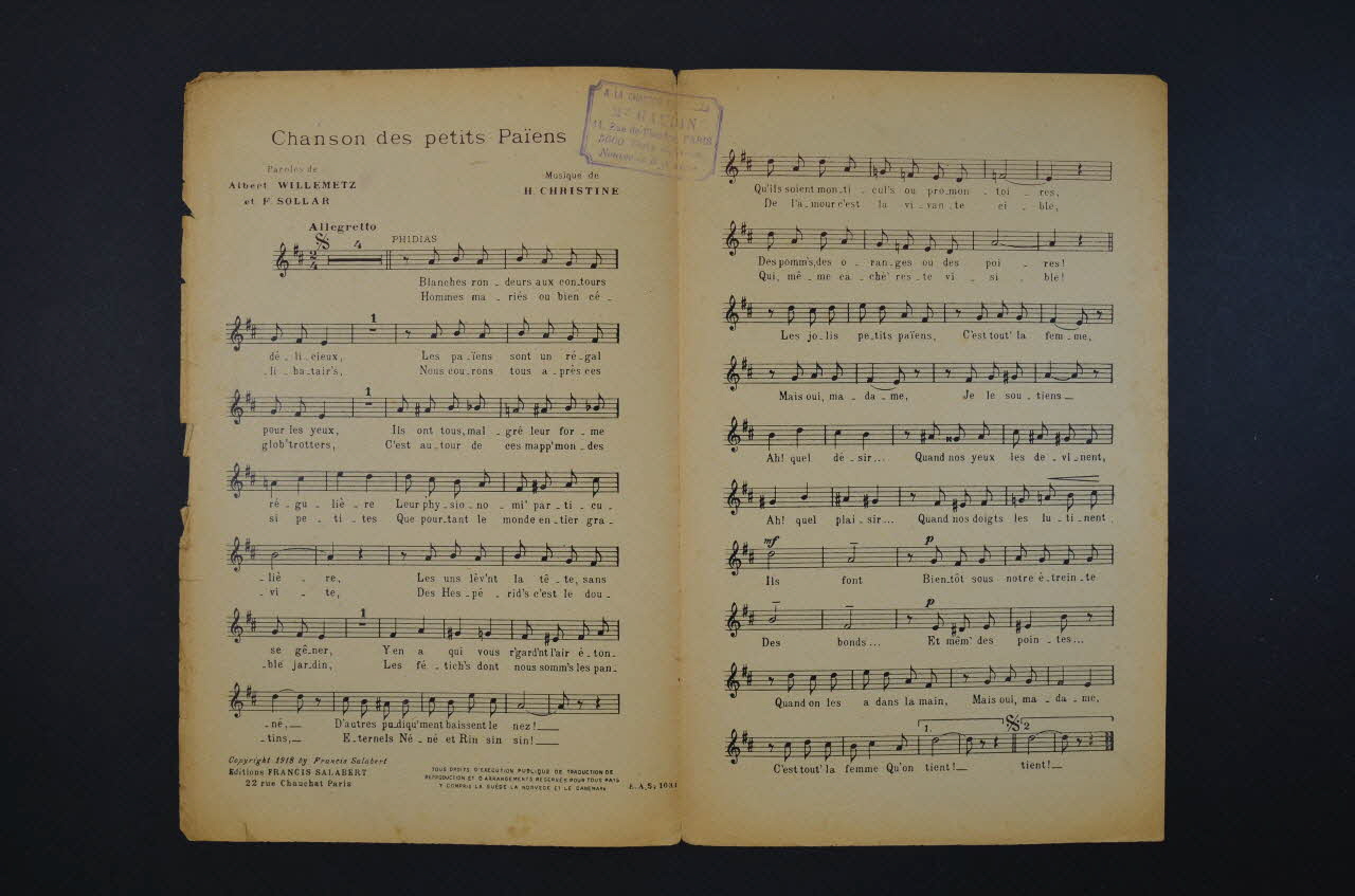 Fabien Sollar ; Albert Willemetz ; Henri Christiné ; Francis F. Salabert chanson petit format Île-de-France, France 1918 1966.158.222 Photo Mucem