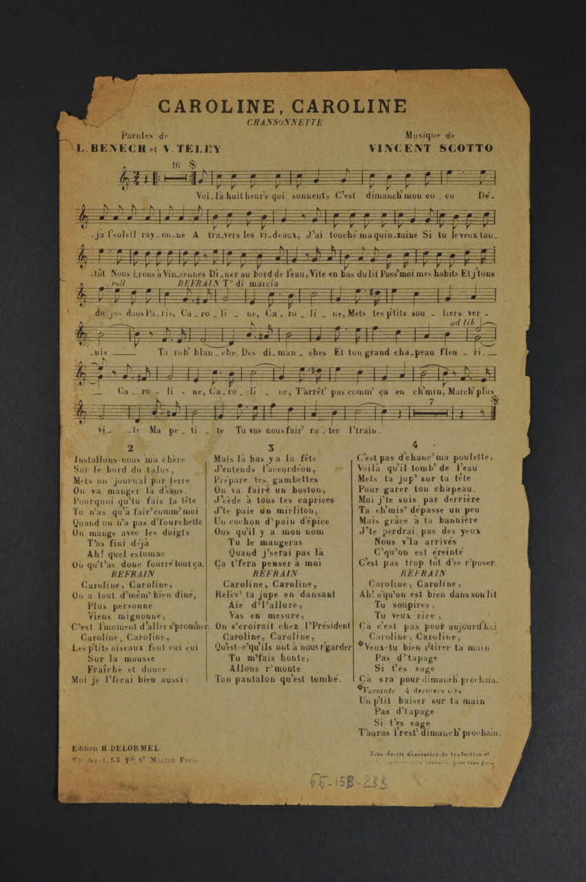 Vincent Telly ; Ferdinand Louis Bénech ; Vincent Scotto ; Georgel ; H. Delormel chanson petit format Île-de-France, France 1909 1966.158.233 Photo Mucem