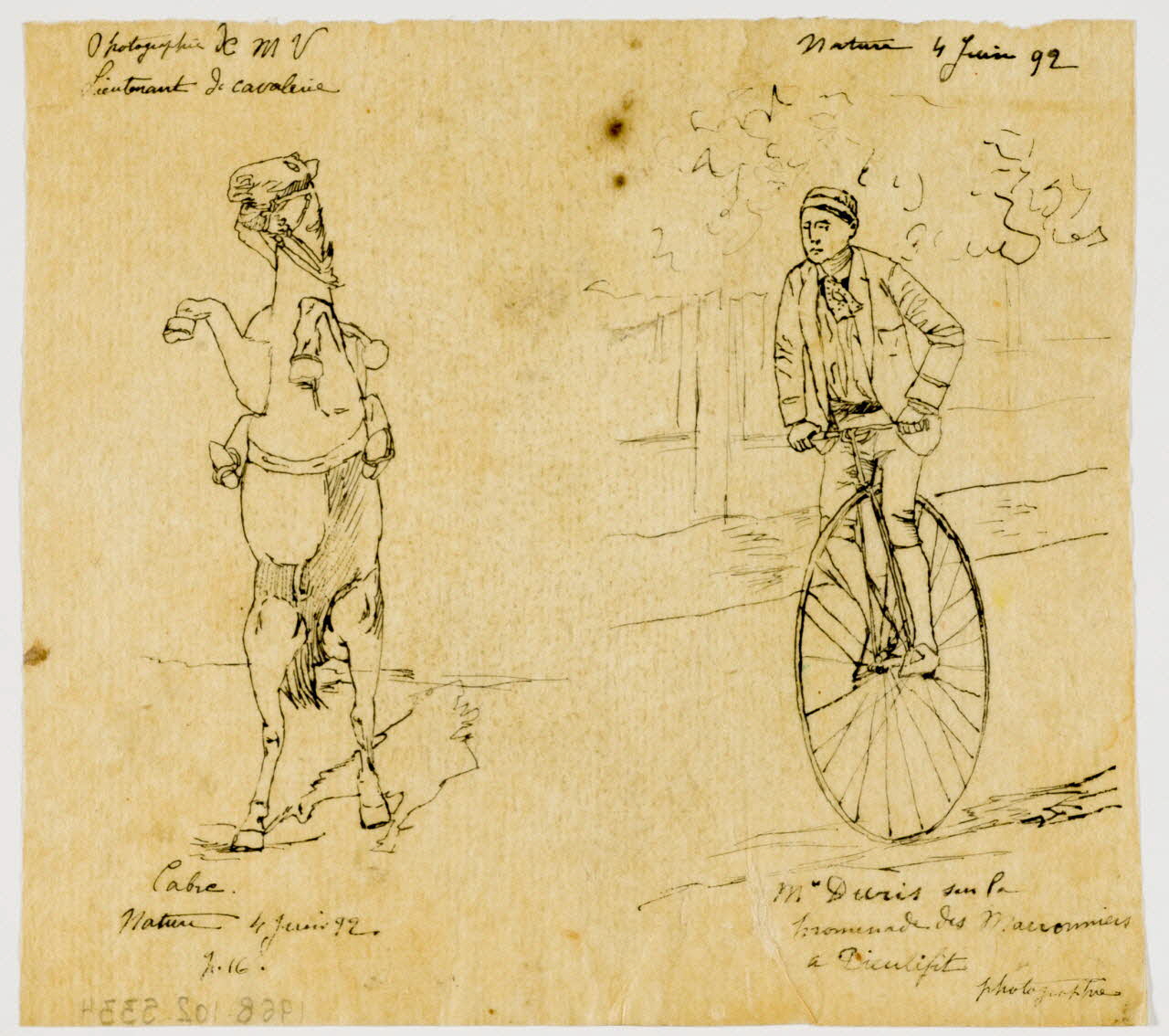 partie d'un ensemble de dessins Lieutenant de cavalerie  Mr Duris sur la  promenade des Marronniers 1968.102.5334 Photo Mucem