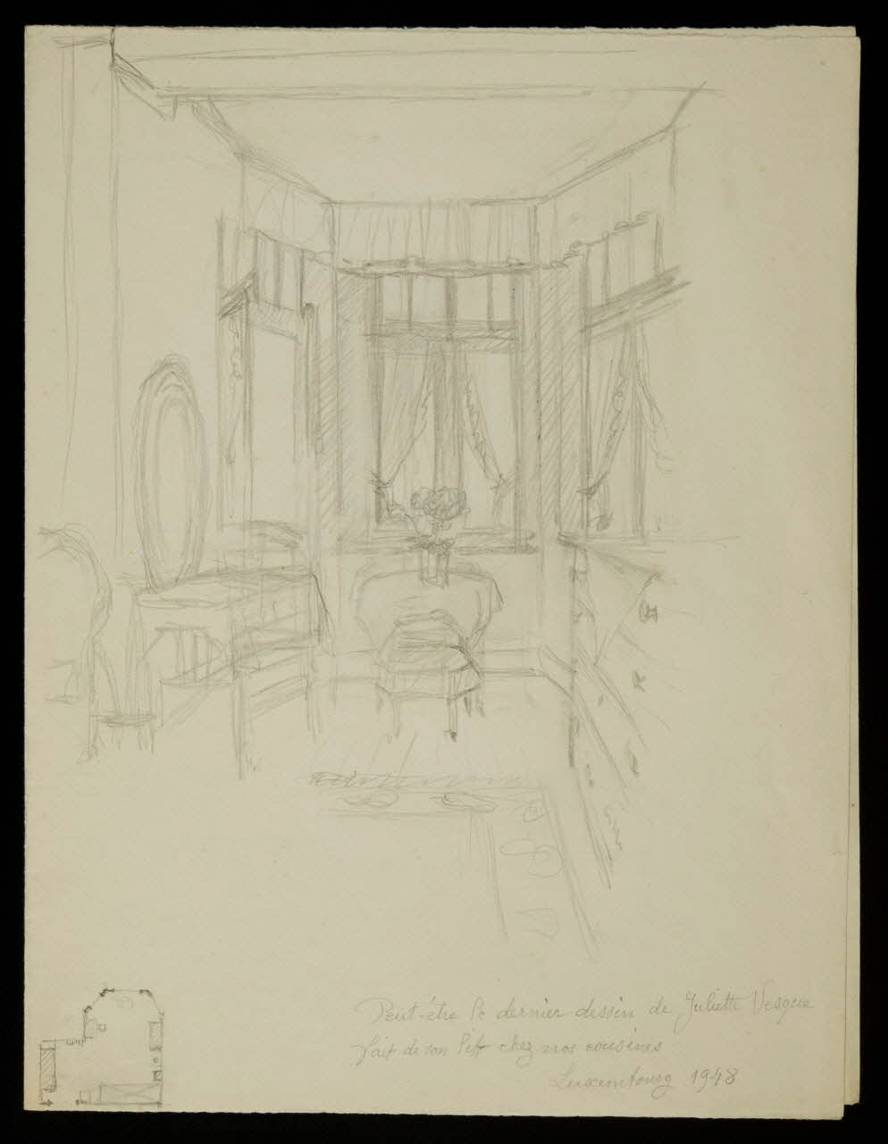 partie d'un ensemble de dessins Peut-être le dernier dessin de Juliette Vesque  fait de son lit chez nos cousines  Luxembourg 1948 1968.102.5338 Photo Mucem