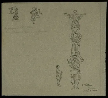 partie d'un ensemble de dessins Les Bédouins de la P St Martin  au fond un homme et 1 femme jouent du tambourin 1968.102.5339.174 Photo Mucem