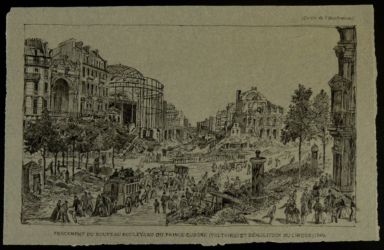 partie d'un ensemble de dessins PERCEMENT DU NOUVEAU BOULEVARD DU PRINCE-EUGENE (VOLTAIRE) ET DEMOLITION DU CIRQUE (1862) 1968.102.5339.185 Photo Mucem