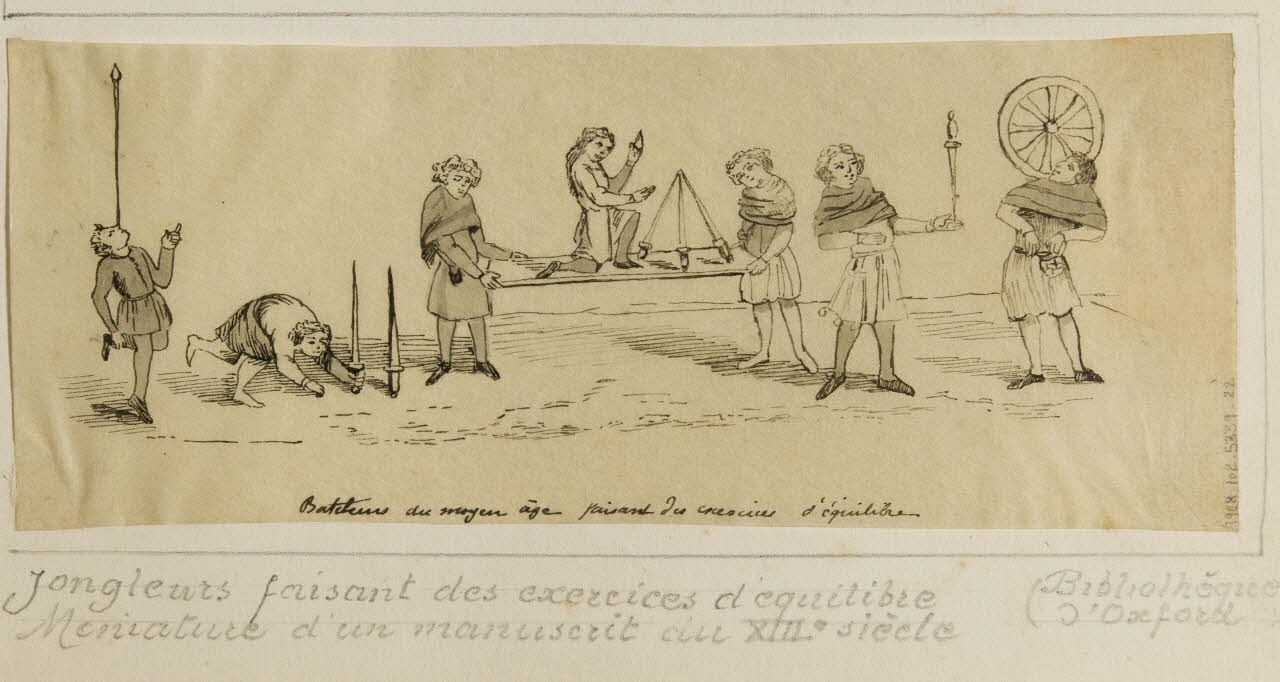 partie d'un ensemble de dessins Bateleurs au moyen âge faisant des exercices d'équilibre 1968.102.5339.22 Photo Mucem