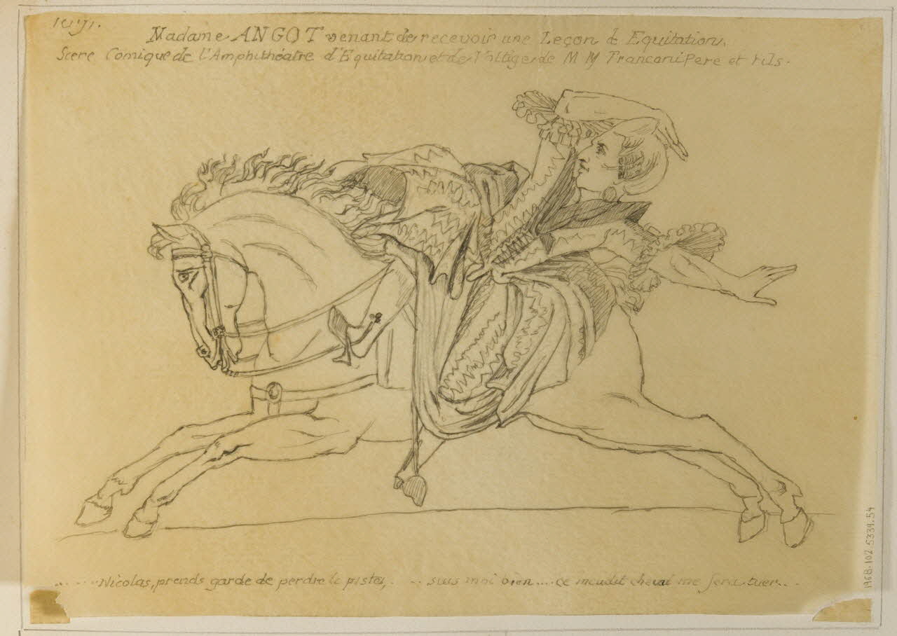 partie d'un ensemble de dessins Madame ANGOT venant de recevoir une Leçon d'Equitation. 1968.102.5339.54 Photo Mucem
