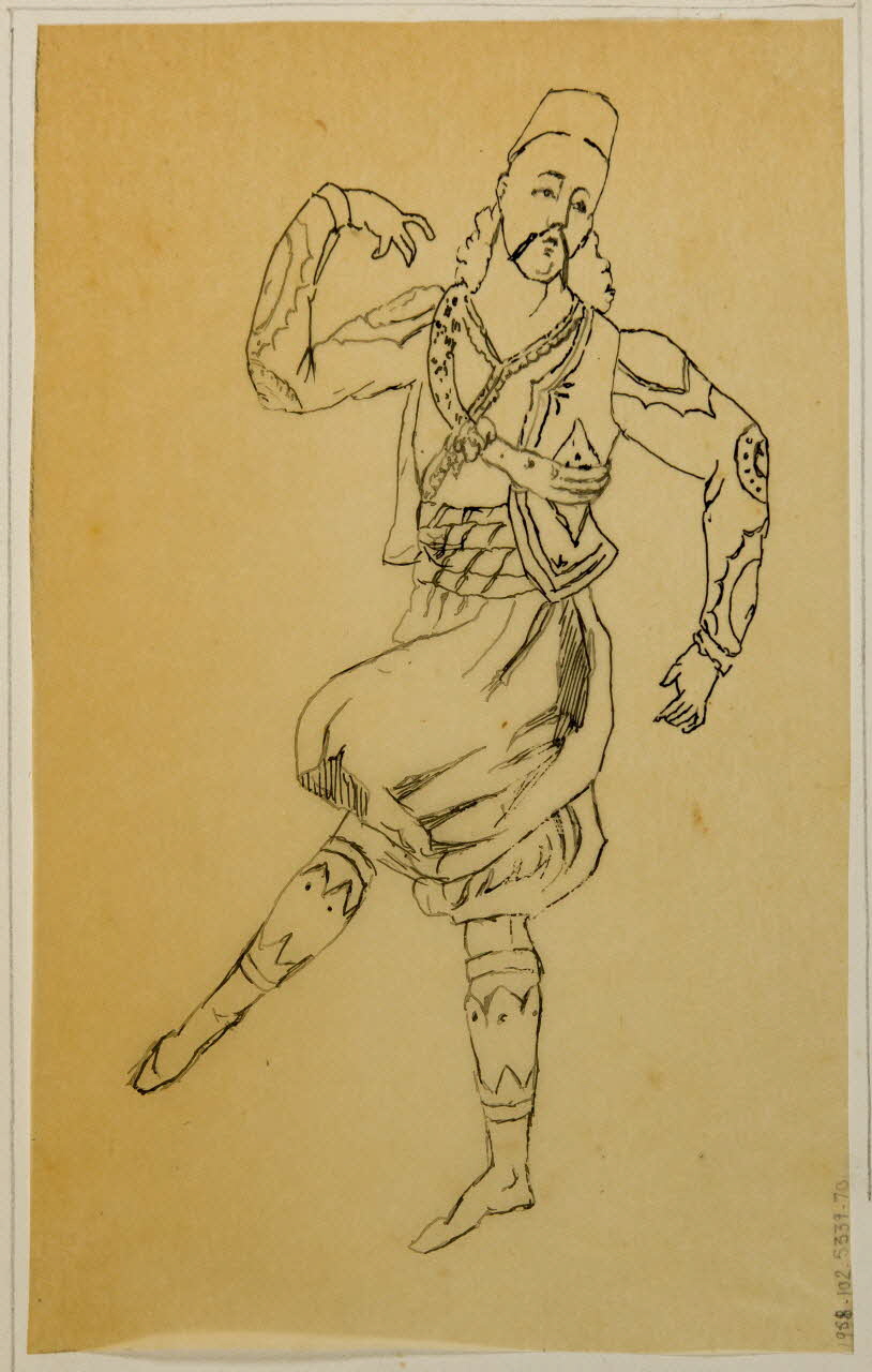 partie d'un ensemble de dessins "Costume de Mazurier (Rôle de Gavotino)  dans "Une visite à Berdlam" 1968.102.5339.70 Photo Mucem