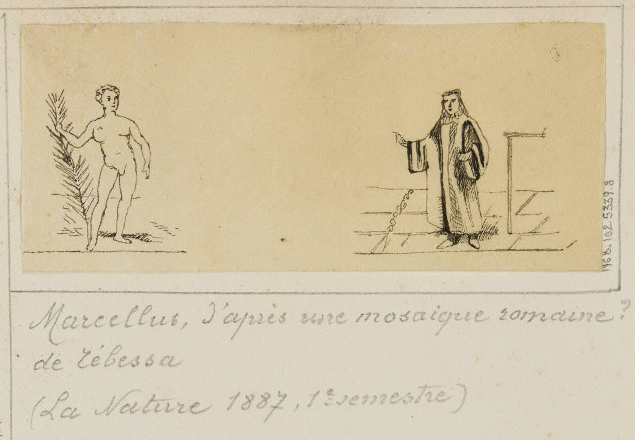 partie d'un ensemble de dessins Marcellus, d'après une mosaique romaine ?  de Tébessa 1968.102.5339.8 Photo Mucem