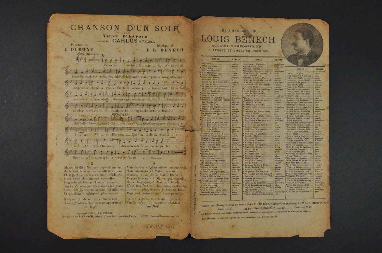 Ferdinand Louis Bénech ; Ernest Dumont chanson petit format Île-de-France, France 1919 1966.158.241  Photo Mucem