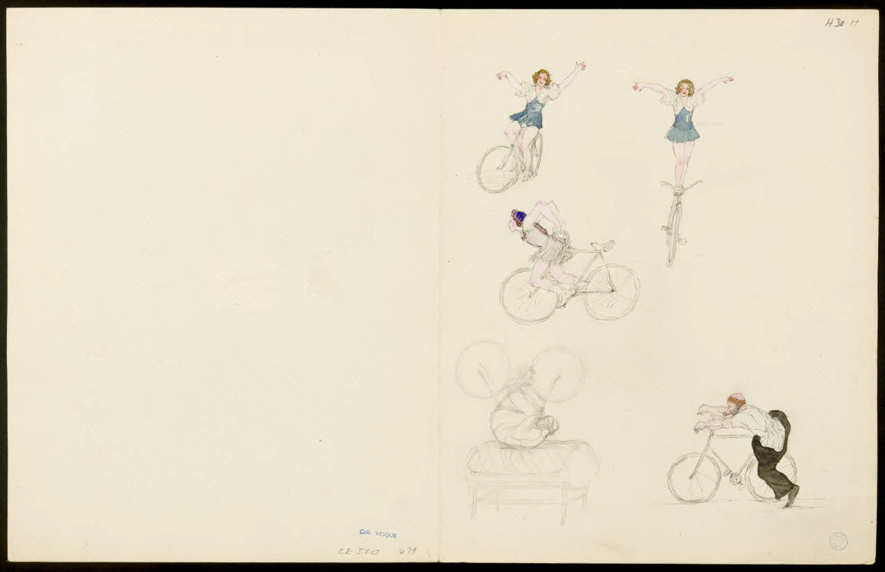 partie d'un ensemble de dessins Numéros d'équilibre avec un vélo et des tonneaux 1968.102.5356.18 Photo