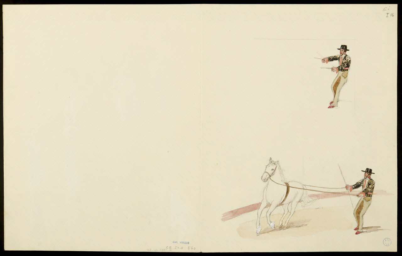 partie d'un ensemble de dessins Numéros d'acrobate-musiciens et dressage d'un cheval 1968.102.5357.16 Photo