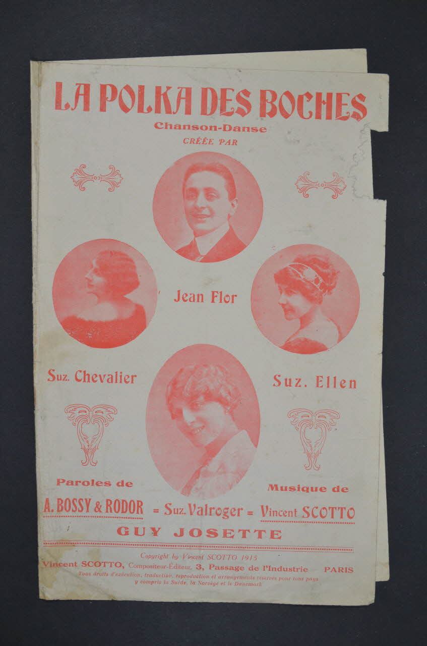 A. Bossy ; Vincent Scotto ; Jean Flor ; Suzanne Chevalier ; Suzanne Ellen ; Suzanne Valroger partition de musique petit format 1915 1965.160.47 Photo Mucem