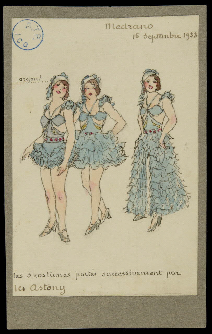 partie d'un ensemble de dessins Medrano  16 septembre 1933  les 3 costumes portés successivement par  les Astony 1968.102.568 Photo