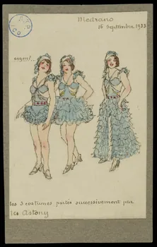 partie d'un ensemble de dessins Medrano  16 septembre 1933  les 3 costumes portés successivement par  les Astony 1968.102.568  Photo
