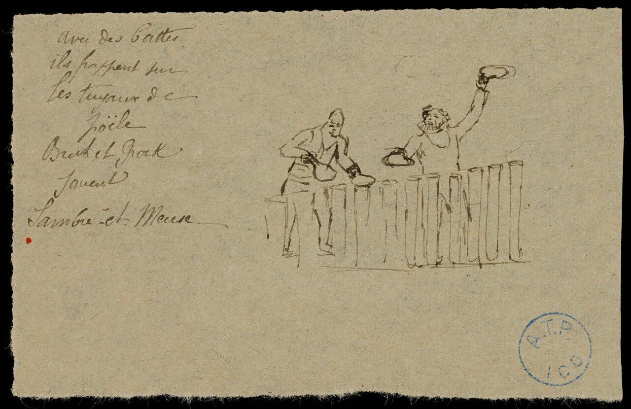 partie d'un ensemble de dessins Avec des battes  ils frappent sur  les tuyaux de  poële  Brick et Grock 1968.102.996.3 Photo