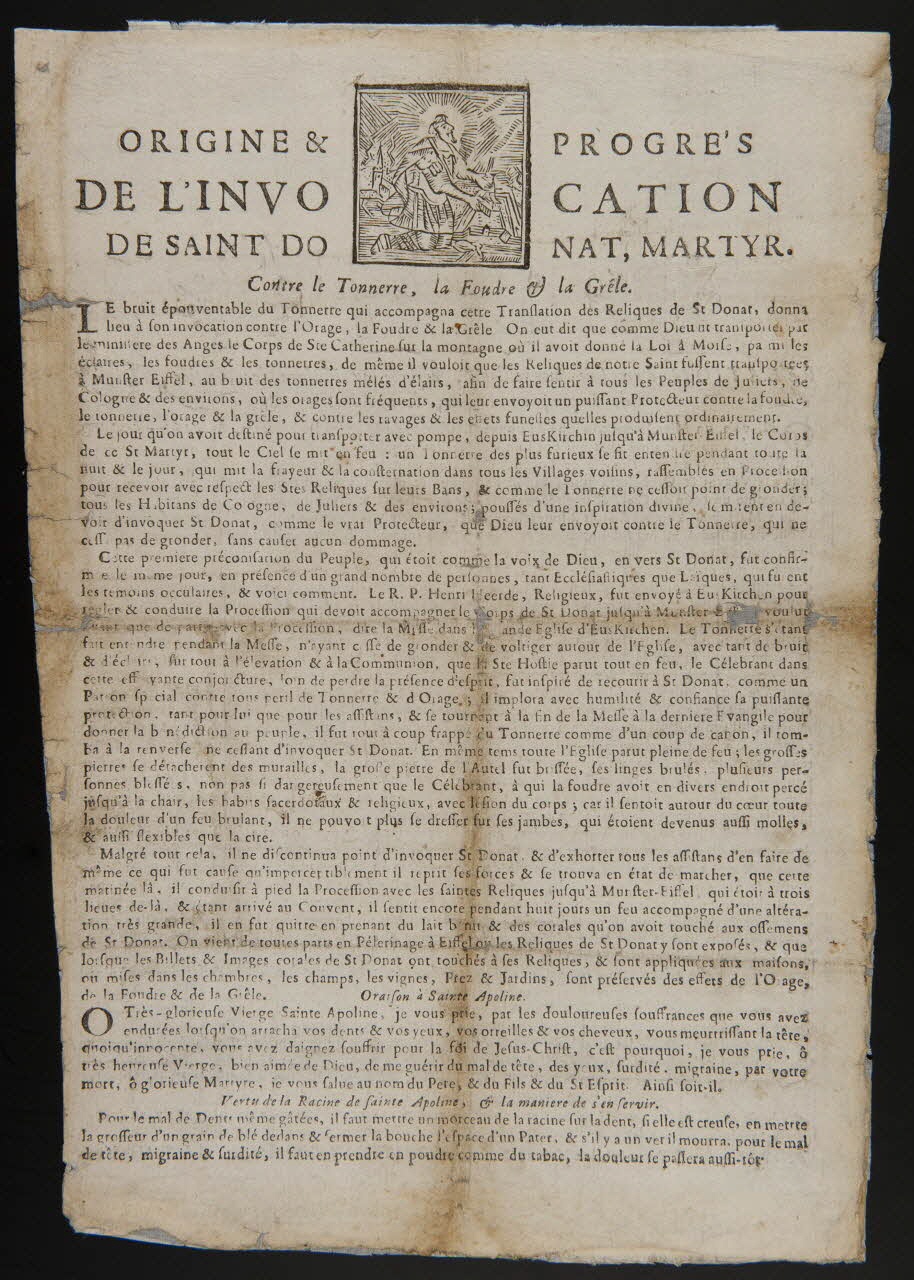 De Bettigny estampe ORIGINE &  PROGRE'S  DE L'INVO CATION  DE SAINT DO  NAT, MARTYR. Tournay 1768 1968.34.1 Photo