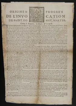 De Bettigny estampe ORIGINE &  PROGRE'S  DE L'INVO CATION  DE SAINT DO  NAT, MARTYR. Tournay 1768 1968.34.1 Photo