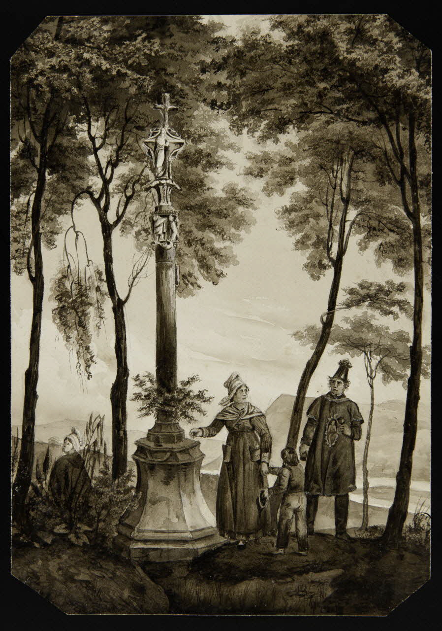 Nicolet dessin Couple accompagné d'un enfant au pied d'un calvaire, dans un paysage 1845-1855 1968.35.26 Photo