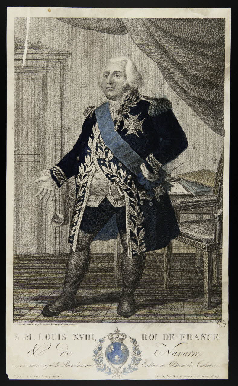 estampe S. M. LOUIS XVIII, ROI DE FRANCE  & de Navarre  après avoir signé la paix dans son Cabinet au Château des Tuileries. 1968.37.21 Photo