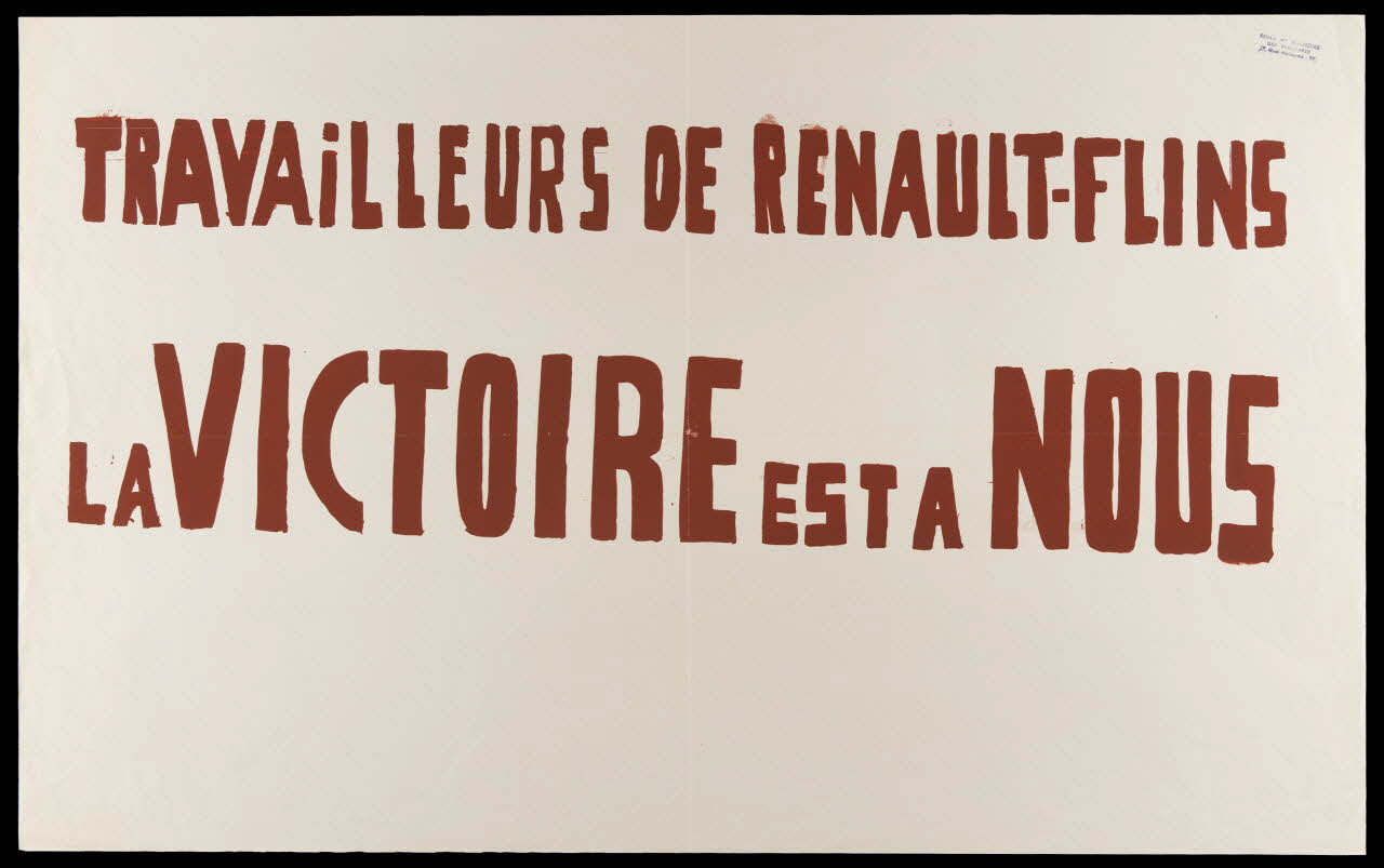 Atelier populaire de l'École nationale supérieure des beaux arts. Paris affiche TRAVAILLEURS DE RENAULT-FLINS  LA VICTOIRE EST A NOUS Ile-de-France, France 1968 1968.48.52 Photo