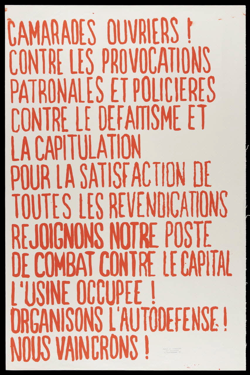 Atelier populaire de l'École nationale supérieure des beaux arts. Paris affiche CAMARADES OUVRIERS ! Ile-de-France, France 1968 1968.48.55 Photo