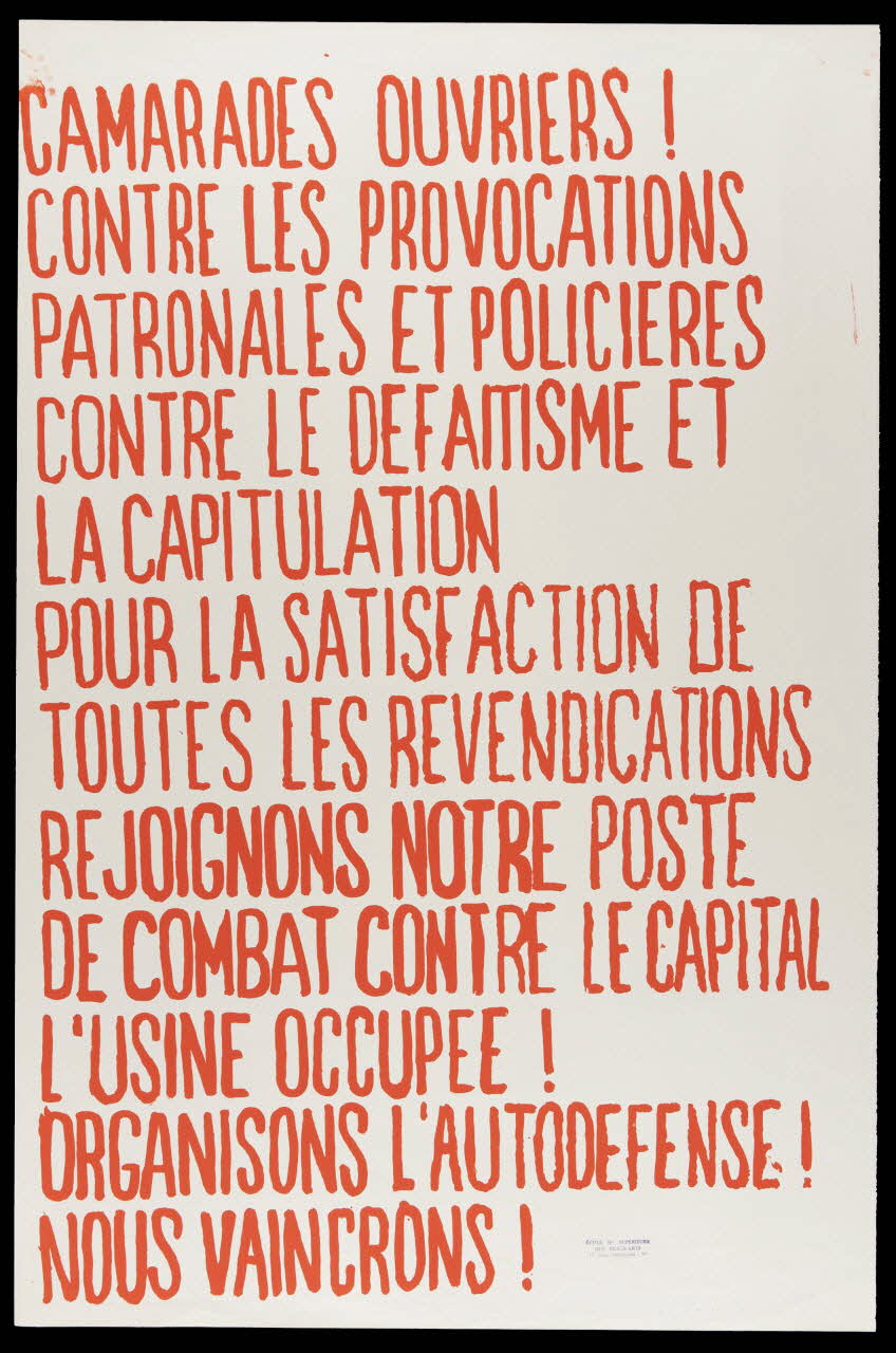 Atelier populaire de l'École nationale supérieure des beaux arts. Paris affiche CAMARADES OUVRIERS ! Ile-de-France, France 1968 1968.48.56 Photo