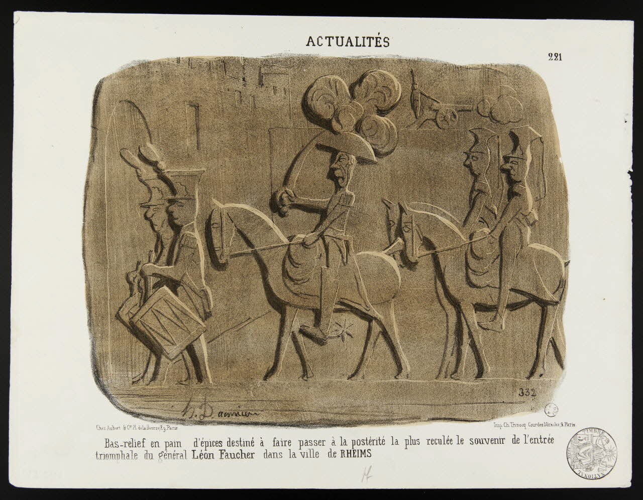 estampe ACTUALITES  Bas-relief en pain d'épices destiné à faire passer à la postérité la plus reculée le souvenir de l'entrée  triomphale du général Léon Faucher dans la ville de RHEIMS 1968.49.30 Photo