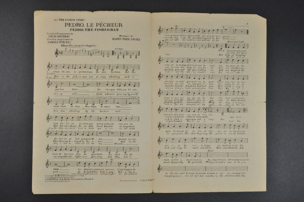 Harold Purcell ; Louis Poterat ; Harry Parr-Davies ; Georges Guétary ; Chappell; chanson petit format Île-de-France, France 1943 1966.158.88 Photo Mucem