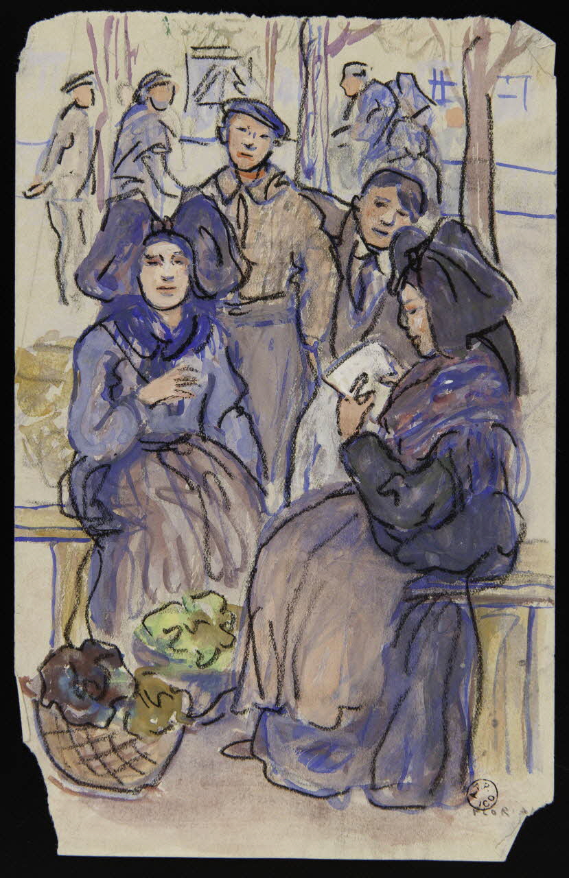 Lévy Flore ; Floriane dessin Femmes en costume alsacien assises sur la place d'une ville 1968 1968.71.8 Photo