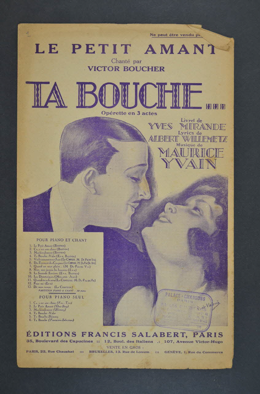 Albert Willemetz ; Yves Mirande ; Maurice Yvain ; Victor Boucher ; Francis F. Salabert chanson petit format Île-de-France, France 1922 1966.158.97 Photo Mucem