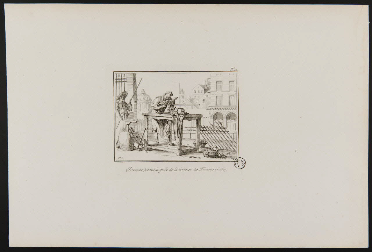 estampe Serrurier posant la grille de la terrasse des Tuileries en 1807. 1968.92.35 Photo