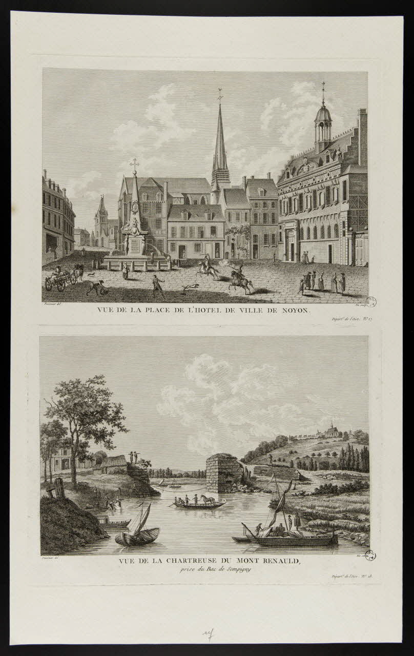 estampe VUE DE LA PLACE DE L'HOTEL DE VILLE DE NOYON. 1968.92.90.1/2 Photo
