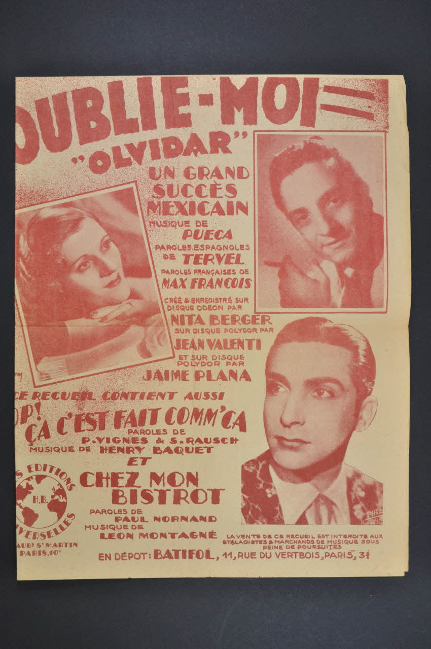 Max François ; Tervel ; Pierre Vignes ; Léon Montagné ; Pueca ; Henri Baquet ; Paul Normand ; Suzanne Rausch ; Nita Berger ; Jean Valenti ; Jaime Plana ; Les Editions Universelles; chanson petit format Île-de-France, France 1945 1966.159.16 Photo Mucem