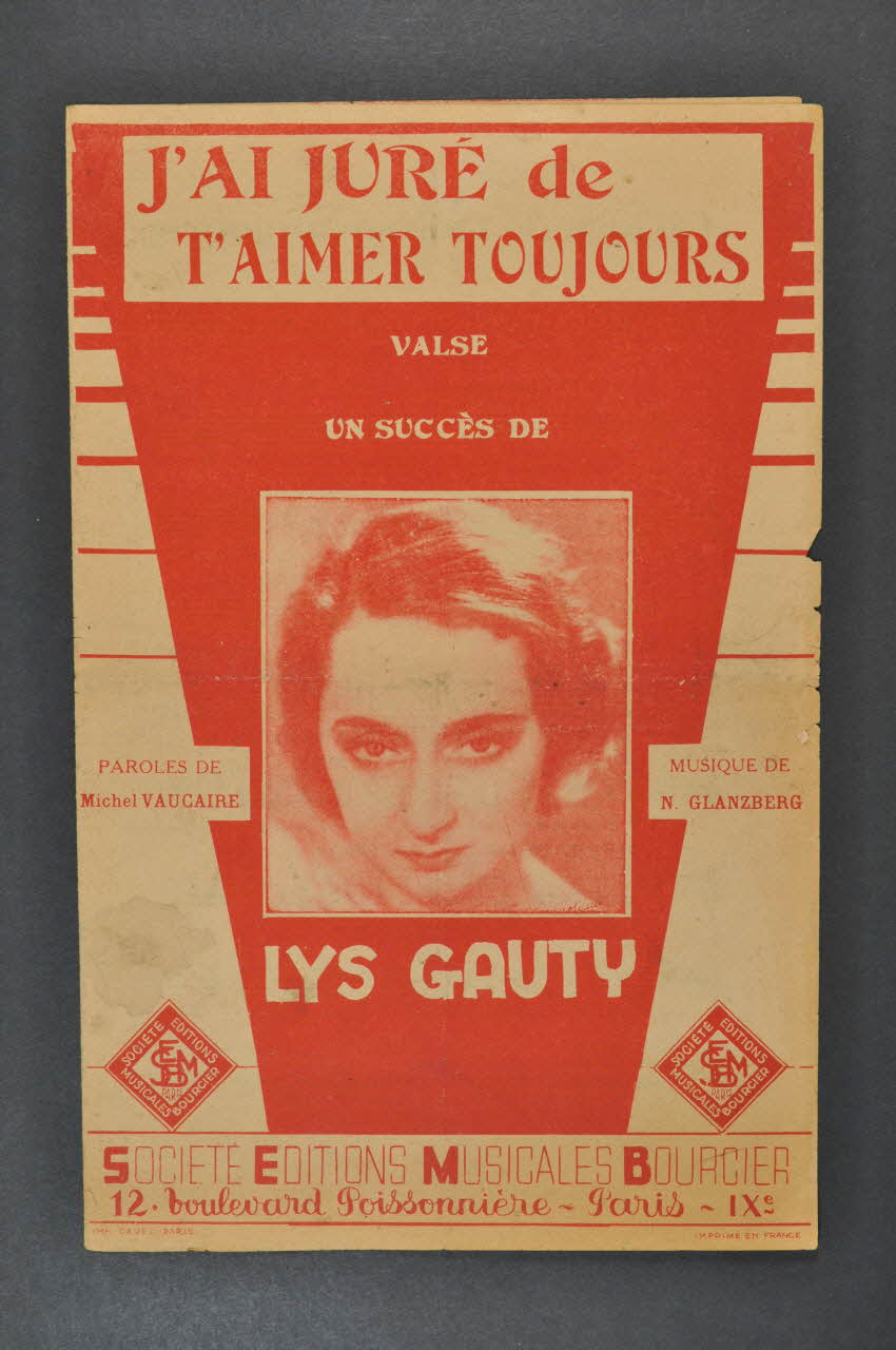 Norbert Glanzberg ; Michel Vaucaire ; Editions Musicales Bourcier; chanson petit format Paris 9ème 1938 1966.159.9 Photo Mucem