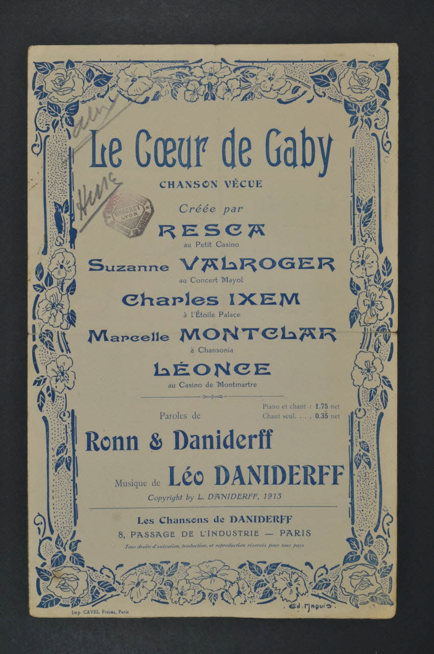 Léo Daniderff ; Emile Ronn ; Resca ; Suzanne Valroger chanson petit format Île-de-France, France 1913 1966.164.1 Photo Mucem