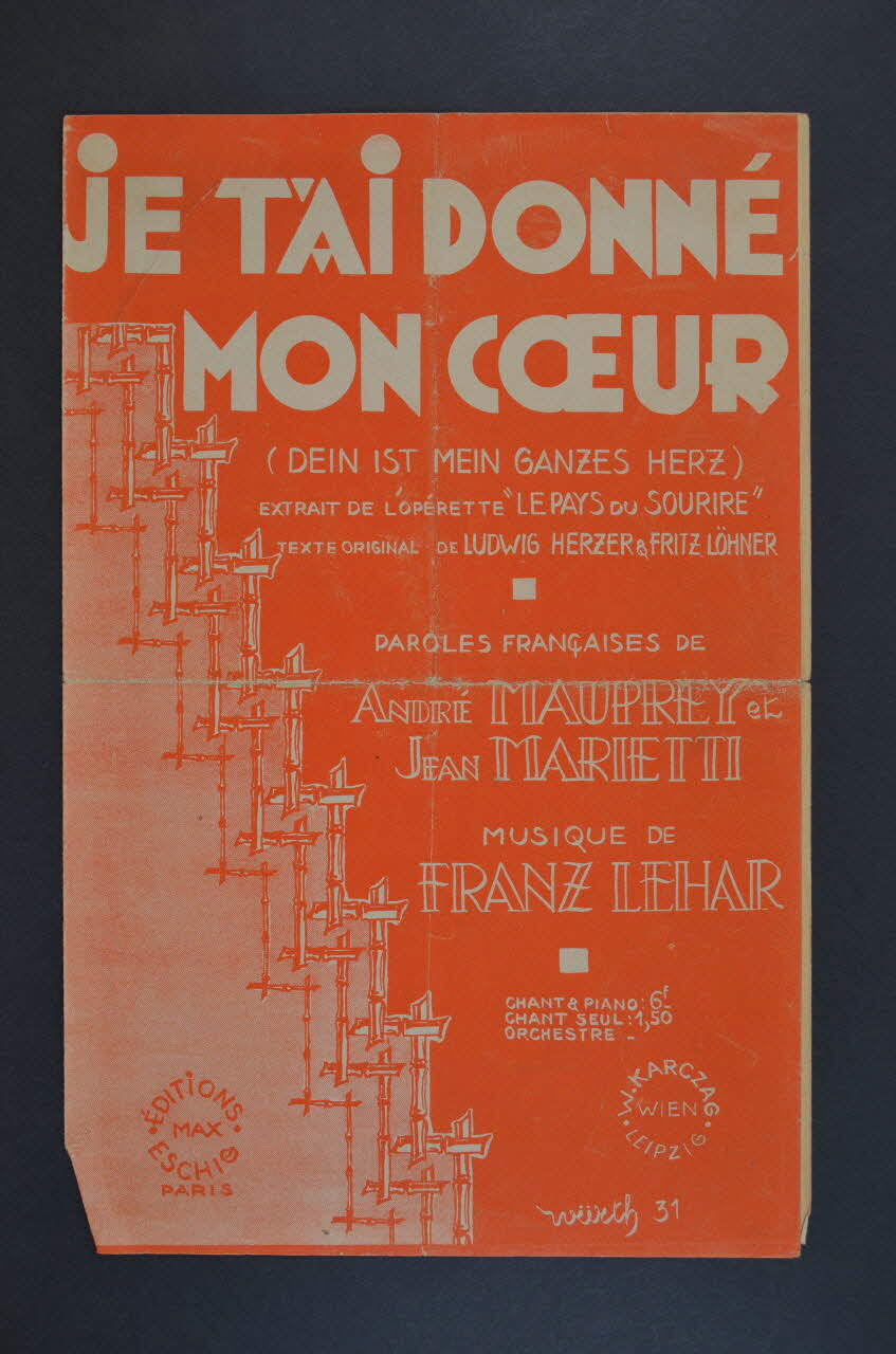 Jean Marietti ; André Mauprey ; Franz Lehar ; Éditions Max Eschig chanson petit format Île-de-France, France 1929 1966.164.34 Photo Mucem
