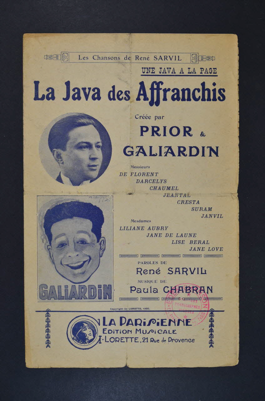 Paula Chabran ; René Sarvil ; Prior ; Galiardin ; G. Lorette ; La Parisienne, Edition Musicale; chanson petit format Île-de-France, France 1925 1966.164.39 Photo Mucem