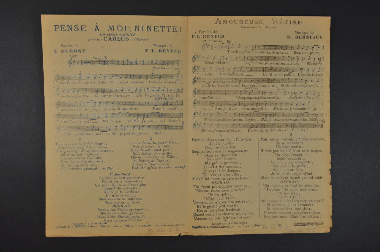 Ernest Dumont ; Ferdinand Louis Bénech ; Désiré Berniaux ; Romain Desmoulins chanson petit format Île-de-France, France 1928 1966.164.5 Photo Mucem
