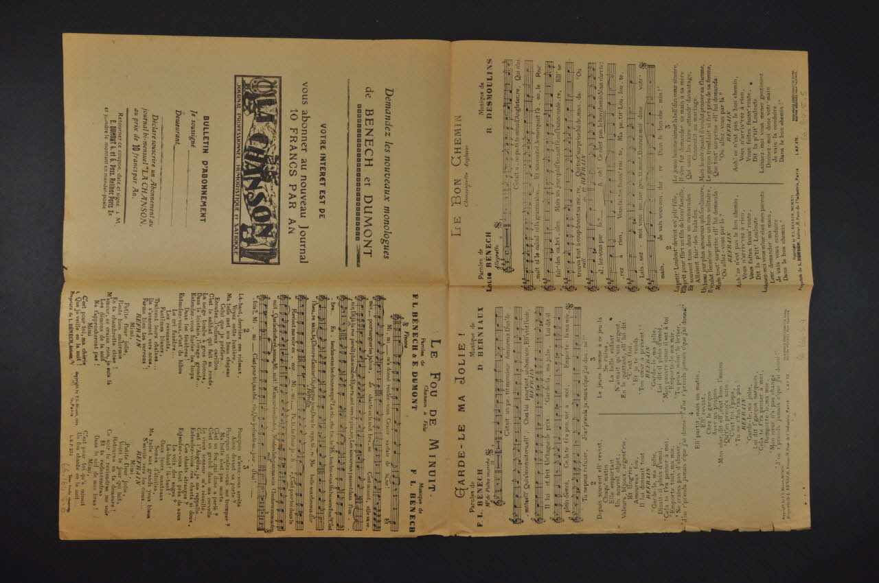 Ernest Dumont ; Ferdinand Louis Bénech ; Désiré Berniaux ; Romain Desmoulins chanson petit format Île-de-France, France 1928 1966.164.5 Photo Mucem