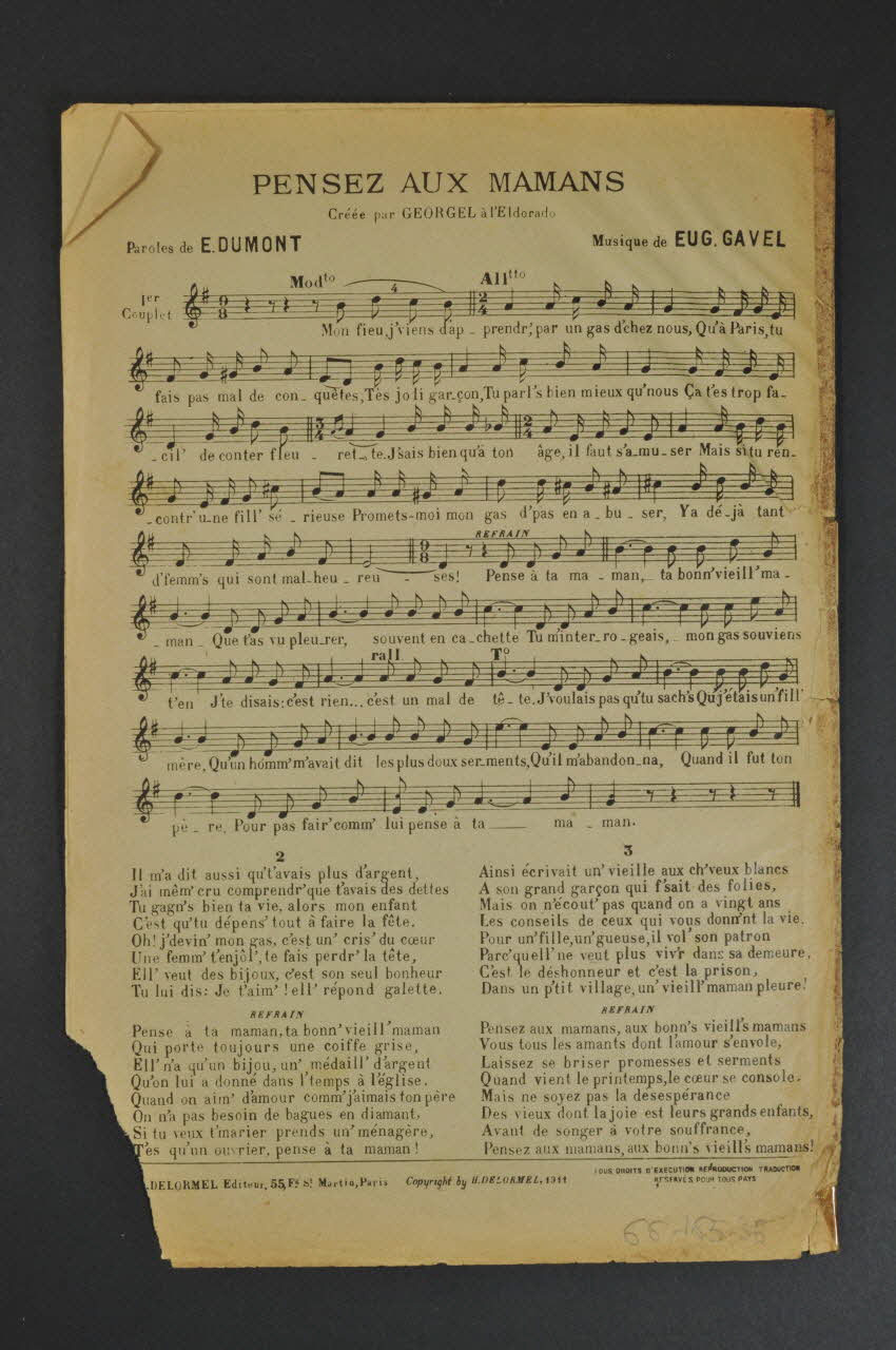 Ernest Dumont ; Eugène Gavel ; Georgel ; H. Delormel chanson petit format Île-de-France, France 1911 1966.165.35 Photo Mucem