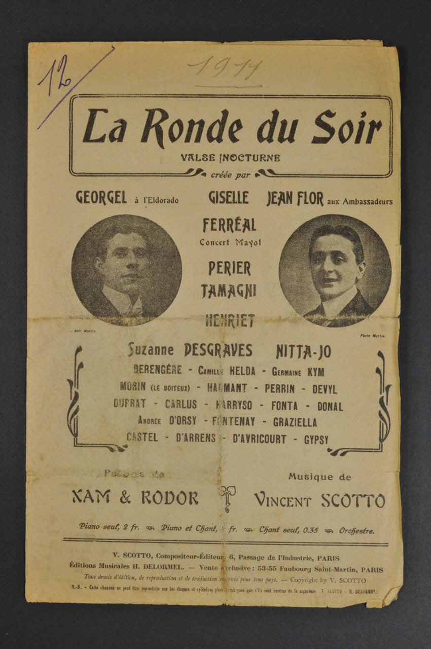 Xam ; Jean Rodor ; Vincent Scotto ; Georgel ; Jean Flor ; H. Delormel chanson petit format Île-de-France, France 1911 1966.165.36 Photo Mucem