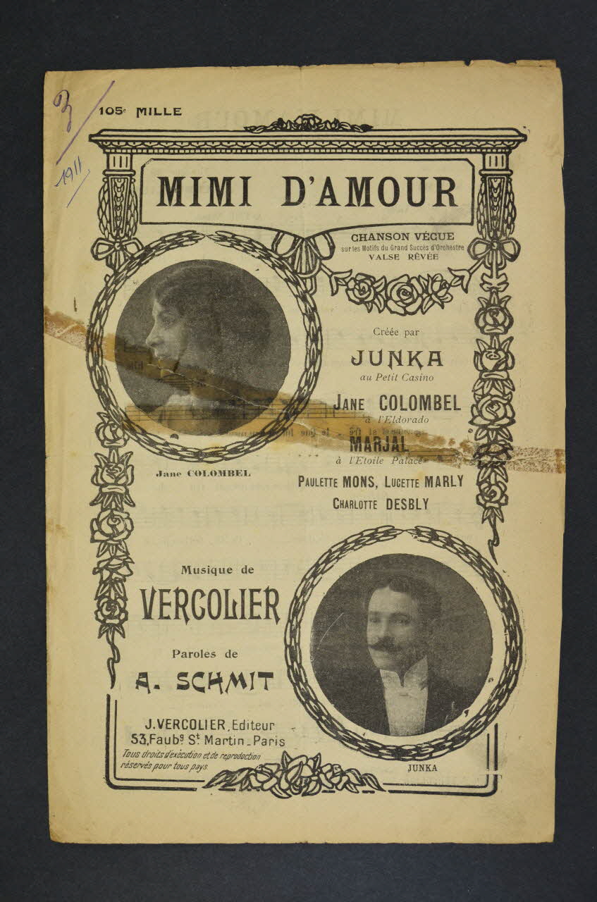 J. Vercolier ; A. Schmit ; Léonce Junka chanson petit format 1911 1966.165.41 Photo Mucem