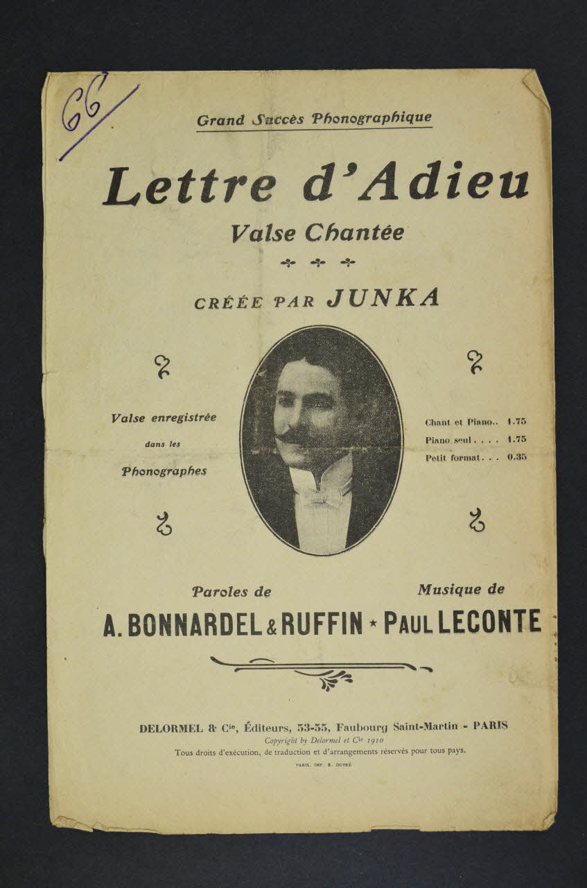 Ruffin ; André Bonnardel ; Paul Leconte ; Léonce Junka ; Delormel Et Cie chanson petit format Île-de-France, France 1910 1966.165.43 Photo Mucem