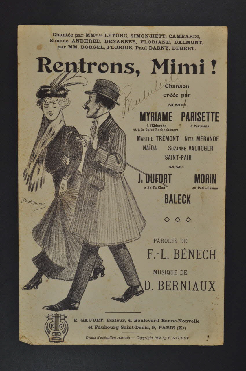Désiré Berniaux ; Ferdinand Louis Bénech ; Myriame ; Parisette ; E Gaudet chanson petit format 1908 1965.168.15 Photo Mucem