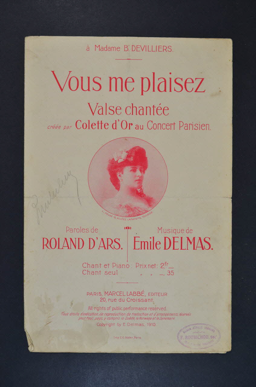 Emile Delmas ; Roland D' Ars ; Colette D' Or ; Labbé chanson petit format 1910 1965.168.18 Photo Mucem
