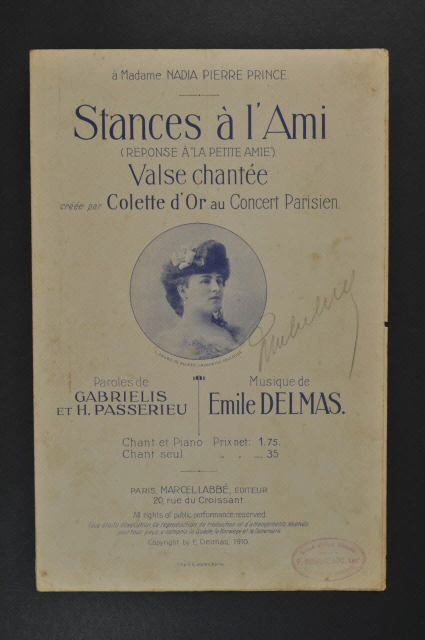 H. Passerieu ; Gabrielis ; Emile Delmas ; Colette D' Or ; Labbé chanson petit format 1910 1965.168.27 Photo Mucem