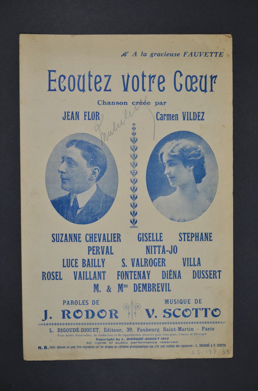 Vincent Scotto ; Jean Rodor ; Jean Flor ; Carmen Vildez ; Digoudé-Diodet; chanson petit format 1910 1965.168.33 Photo Mucem