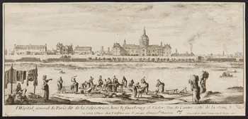estampe l'Hôpital general de Paris dit de la Salpestriere, hors le fauxbourg S. Victor, Veu de l'autre côté de la Seine 1975.23.1 Photo