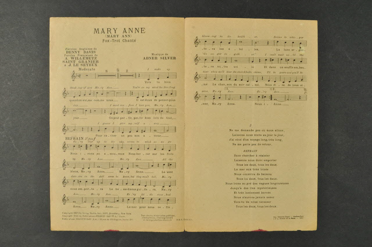 Jean Le Seyeux ; Albert Willemetz ; Charles Saint-Granier ; Abner Silver ; Florelle ; Benny Davis ; Francis Day chanson petit format 1927 1965.168.39 Photo Mucem