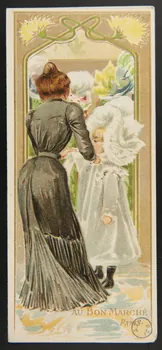 carte réclame Petite fille essayant une coiffe blanche 1975.3.186  Photo