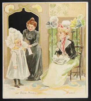 carte réclame Petite fille essayant une coiffe blanche 1975.3.186 Photo